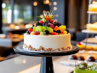 Delicious Homemade Fruit Cake Topped with Fresh Berries and Seasonal Fruits