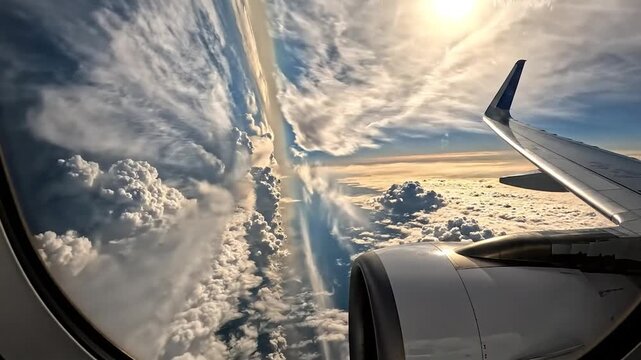 View from an aircraft window featuring sun, clouds, and wing