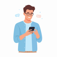 A smiling man in casual attire stands while using his smartphone with chat bubbles around him indicating communication