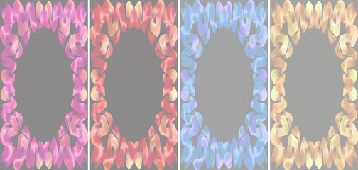 Set of Vertical Abstract Frames with Satin Ribbon Borders on Dark Grey Background, Hand-Drawn Silk Texture Templates with Oval Copy Space for Luxury Events