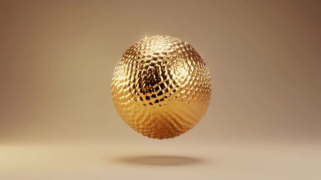 Golden spherical object with finely hammered texture rotating softly against minimalist background