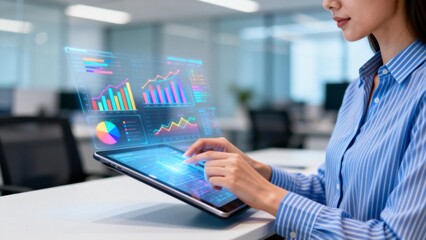 Woman using tablet with holographic data