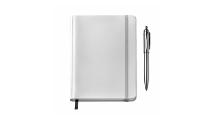 A silver notebook with elastic band closure alongside a metallic pen against a black background