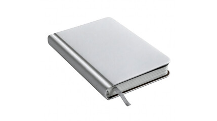 A high-angle shot of a silver textured notebook with a ribbon bookmark isolated on black