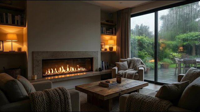 Hypnotic ambient loop: Warm, flickering gas fireplace and soft shelf lighting illuminate a cozy interior contrasted by sheet rain streaking a large garden window.