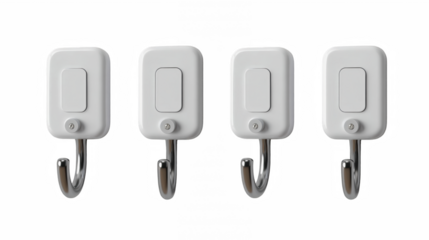 A set of four white adhesive hooks with metallic hangers, perfect for simple home organization