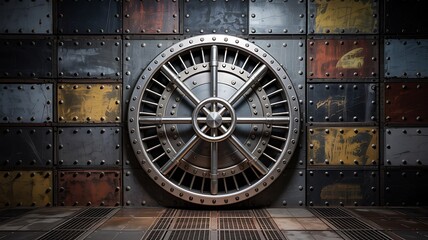 Large metal vault door with circular design on industrial background high quality professional detailed modern elegant stylish clean crisp vibrant colorful