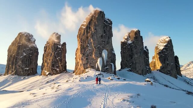 Winter explorers stand tiny among immense snow-dusted rock towers adorned with giant icicles