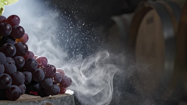 Bunch of Grapes Receiving a Fine Mist Near Some Wine Barrels