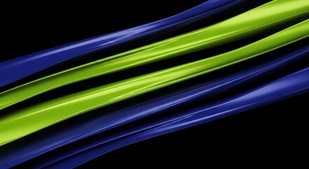 Abstract flowing ribbons of vibrant green and deep blue against a stark black background, creating a dynamic visual contrast
