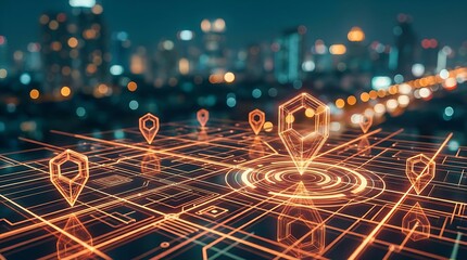 A futuristic cityscape overlay with glowing orange grid lines and location pins depicting advanced geospatial technology and urban connectivity high quality