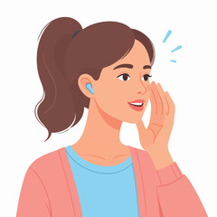 Woman sharing a secret with hand near mouth, smiling with earbuds, cartoon illustration of a young person