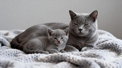 Gray cat and kitten on blanket