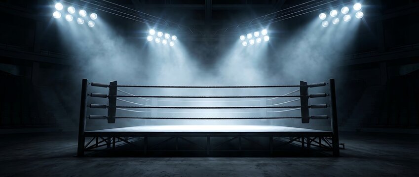 a dimly lit boxing ring with spotlights shining down on it high quality professional detailed modern elegant stylish clean crisp vibrant