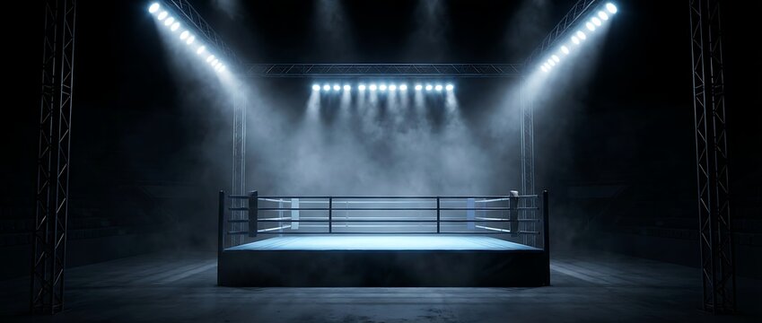 empty boxing ring with bright lights shining down in darkness high quality professional detailed modern elegant stylish clean crisp vibrant colorful