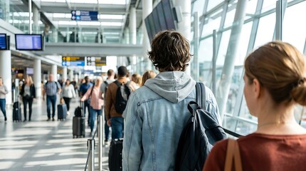 A bustling airport terminal scene captures travelers with luggage waiting and moving through the spacious modern architecture of the building
