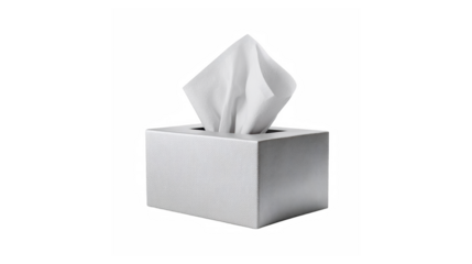A single white tissue emerging from a modern silver tissue box against a solid black background
