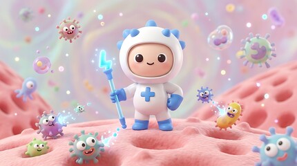Fototapeta premium A cartoon character in a white hazmat suit fights colorful germs high quality professional detailed modern elegant stylish clean crisp vibrant