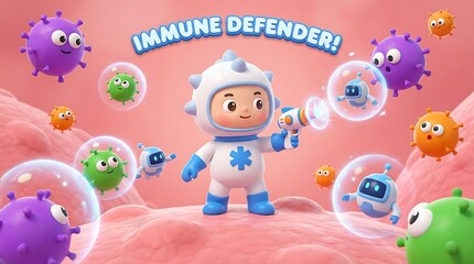 Naklejka premium Cartoon character in white hazmat suit fighting colorful germs and viruses high quality professional detailed modern elegant stylish clean crisp vibrant