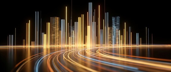 Abstract cityscape with glowing vertical lines and a winding road illuminated by vibrant orange and yellow light creating a futuristic atmosphere