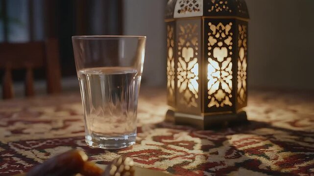 Dates on Plate with Lantern and Water Glass at Iftar