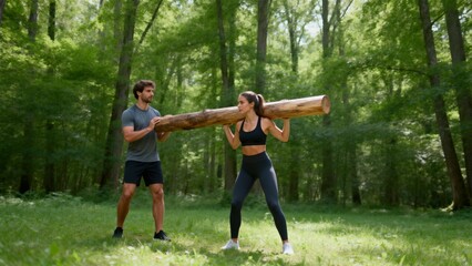 Man and woman lifting log in forest
