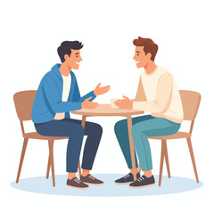Obraz premium Two men engaged in conversation while seated at a small table in a casual setting