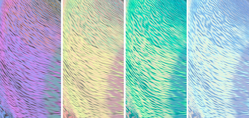Set of Vertical Abstract Backgrounds with Wavy Iridescent Textures, Hand-Drawn Fluid Ripples with Luminous Pastel Gradients and Copy Space