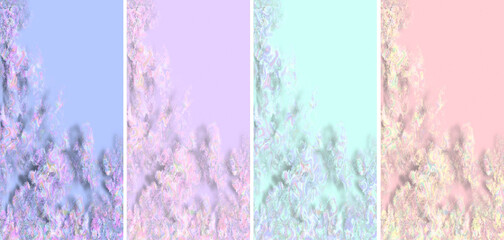 Set of Vertical Pastel Backgrounds with Iridescent Rainbow Clouds, Hand-Drawn Ethereal Textures and Soft Glowing Shapes with Copy Space