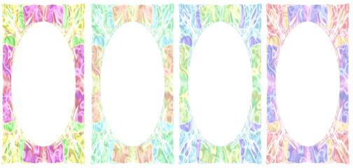 Set of Vertical Delicate Satin Frames on White Background, Hand-Drawn Mother-of-Pearl Borders with Iridescent Pastel Textures and Large Copy Space