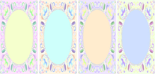 Set of Vertical Delicate Frames on Pastel Backgrounds, Hand-Drawn Soft Nursery Borders with Iridescent Fairy Tale Ornaments and Central Copy Space