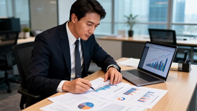 Businessman analyzing data in office - Powered by Adobe