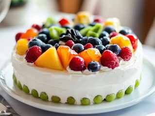 Delicious Homemade Fruit Cake Topped with Fresh Berries and Seasonal Fruits