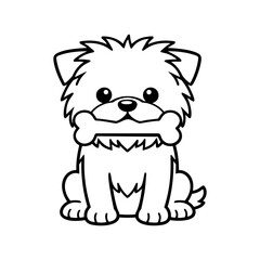 Cute fluffy puppy holding bone in mouth, black and white outline cartoon dog vector illustration for sticker, logo, coloring page or kids design