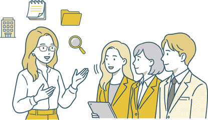 Onboarding and OJT training illustration, mentor coaching new employees at office