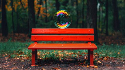Surreal forest scene with red wooden bench and large iridescent bubble. Conceptual art for wellness, creativity, and imaginative outdoor spaces. High saturation colors and 2026 digital aesthetic.