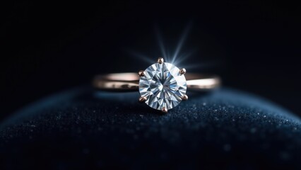 Diamond ring with brilliant sparkles on velvet, luxury jewelry macro, prismatic light reflections, engagement ring, precious gemstone