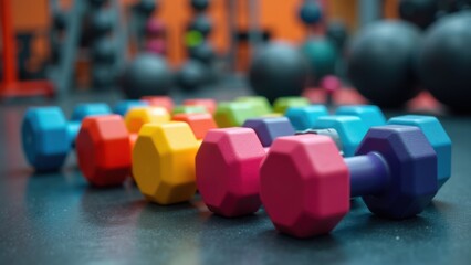 Colorful dumbbells on gym floor, fitness weights arranged in row inside modern training facility, strength workout scene, concept of fitness training gym