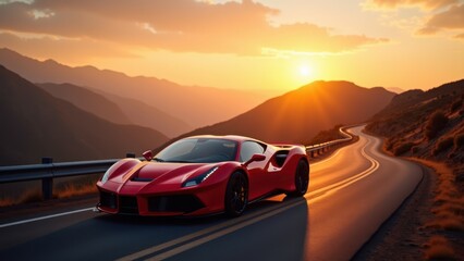 Obraz premium Sports car driving on a winding mountain road at sunset, scenic alpine landscape, golden light, concept of automotive marketing luxury travel 
