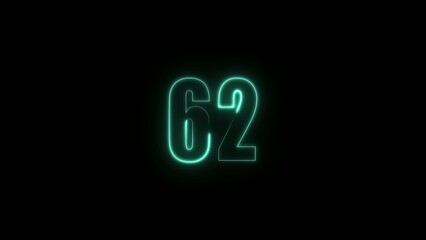 Teal neon number sixty two with a glowing outline and bright light effect on a dark Generate title without using the word "Title:" before it. background sixty-two
