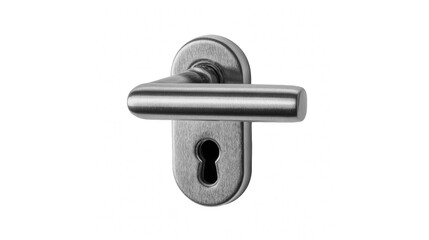 Modern brushed metal door lever handle and keyhole escutcheon plate against a solid black background