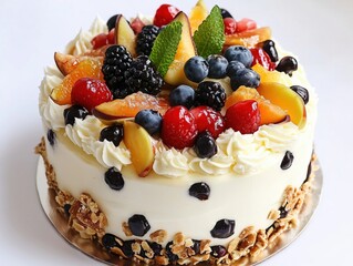 Delicious Homemade Fruit Cake Topped with Fresh Berries and Seasonal Fruits
