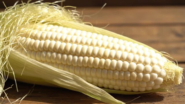 Fresh Raw White Corn on the Cob with Green Husk and Silk Resting on a Rustic Wooden Table in Bright Natural Sunlight Close-up View