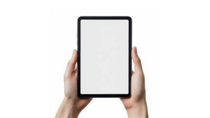 Hands holding a blank white screen tablet computer against a black background