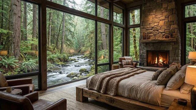 Cozy woodland retreat bedroom with a roaring stone fireplace and expansive windows overlooking a lush mossy river stream in soft, moody ambient light.