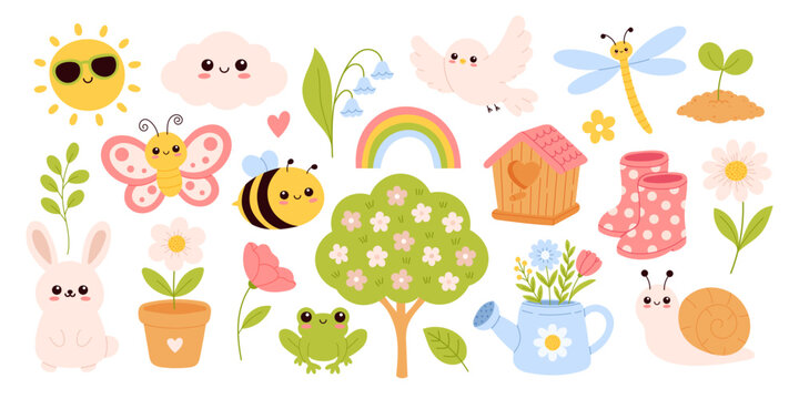 Cute spring clipart set. Kawaii animals, flowers, insects and garden elements. Springtime objects for kids design, nursery decor, stickers, cards and education. Hand drawn vector illustration