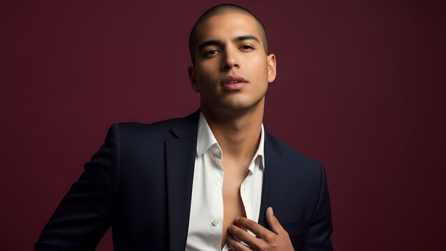 Hispanic Man Model with a Buzz Cut Wearing a Black Suit