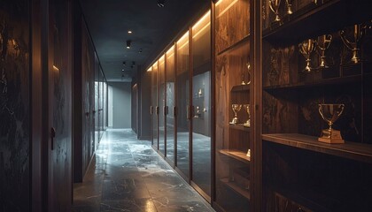 Elegant Hallway Interior with Glass Display Cases and Warm Lighting