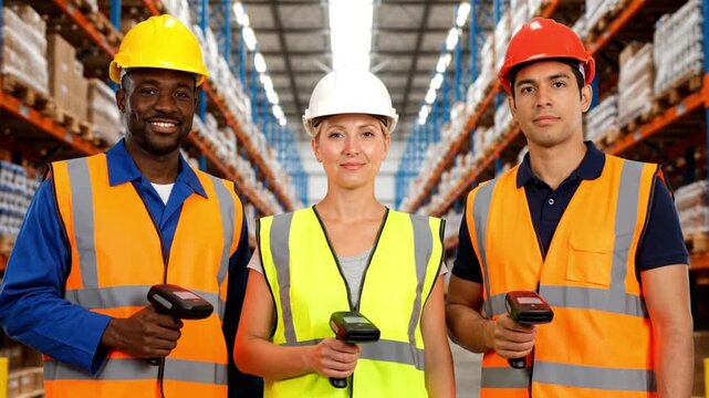 Group of Diverse Professional Warehouse Employees Standing Together in an Aisle While Holding Barcode Scanners and Wearing Safety Gear in a Large Logistics Hub