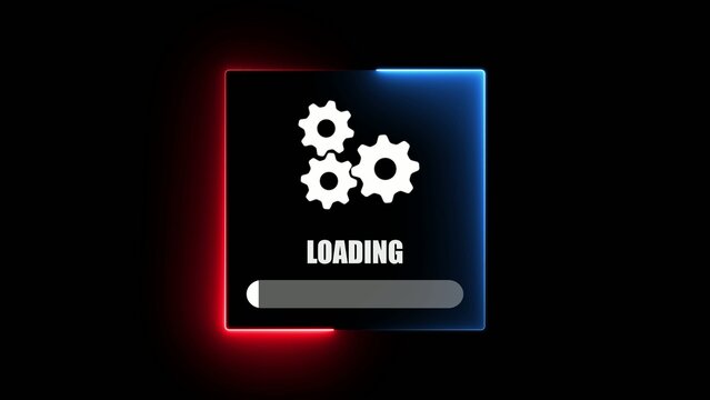 Two Generate title without using the word "Title:" before it. white gears and a loading bar with the word LOADING in white text inside a blue and red neon bordered box